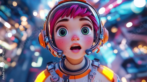 Amazed astronaut girl in futuristic city.