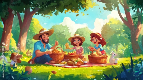 Happy family enjoying a picnic in a sunny park.