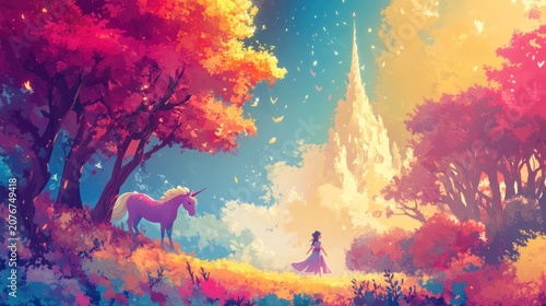 Girl, unicorn, autumnal forest, fantasy castle.