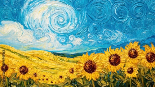 Impasto sunflowers field under swirling blue sky.