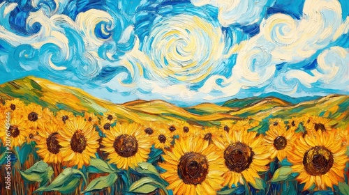 Vibrant sunflowers in a rolling landscape under a swirling, impressionistic sky.
