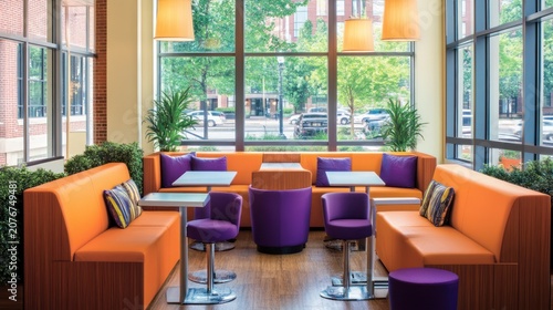Modern orange and purple lounge area with large windows.