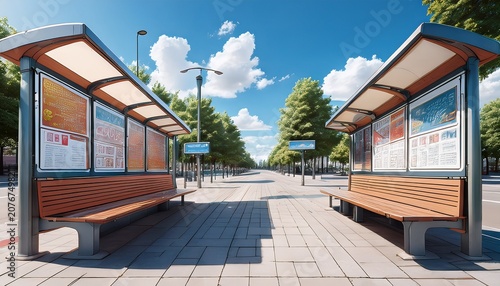 a charming bus stop in the city featuring wooden benches and advertising boards depicted in an anime style on a bright summer day