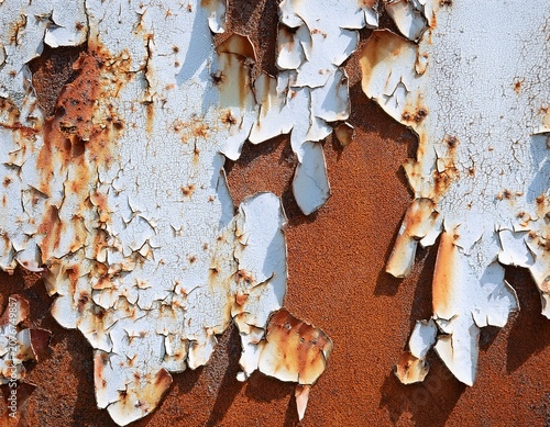 a close up of a rusty weathered metal surface with peeling white paint