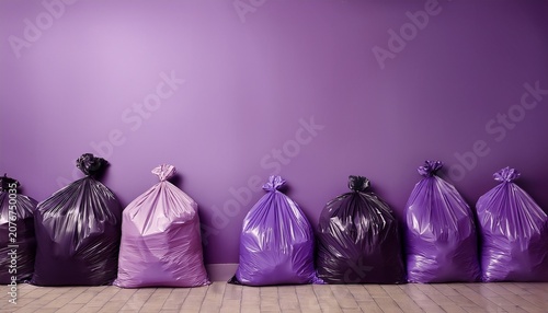 garbage bags in various purple shades stand in a row against a coordinated purple wall
