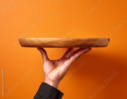 hand carefully balancing a thin wooden serving plate against a vibrant solid orange background for presentation