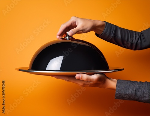 hands lifting a shiny black food cloche off a serving plate against a vibrant orange background