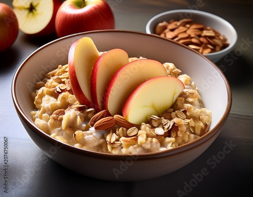 juicy fresh apple slices garnishing a bowl of homemade bircher muesli