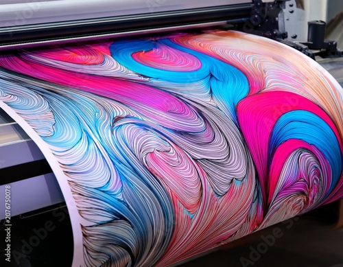 large format printer printing a colorful abstract design with flowing pink and blue patterns