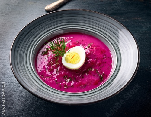 summer beetroot and kefir chilled soup with egg garnish