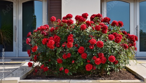 vibrant bush of red roses blooming at the entrance of a commercial property enhancing landscaping appeal