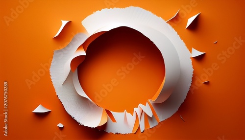 white paper ripped creating a circular hole on orange background