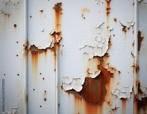 white metal panel with patches of rust and peeling paint