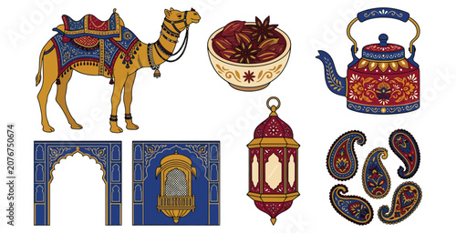 Indian cultural elements including camel, spices, teapot, arches, lantern, and paisley.
