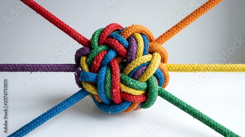 complex knot made from colorful ropes on white background