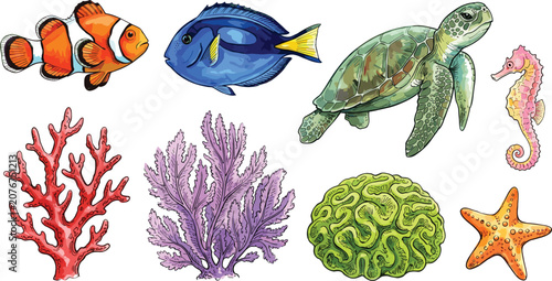 Foto Watercolor Tropical Coral Reef Marine Life Vector Set with Clownfish Blue Tang S