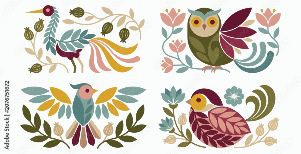 Fototapeta premium Folk art inspired birds and owls with floral and botanical elements in decorative composition.