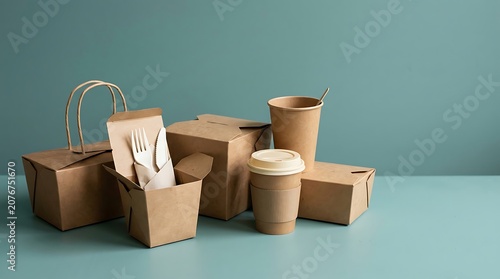 takeout containers and coffee cups minimalist still life arrangement