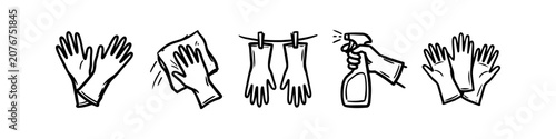 Cuadro en lienzo Hand-drawn cleaning icons including rubber gloves, spray bottles, and cloths