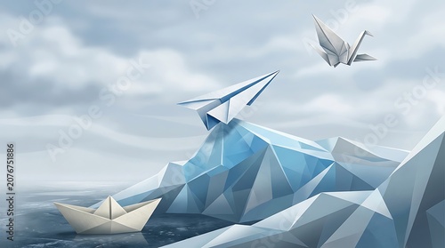 Origami paper airplanes and boat on polygonal landscape digital art