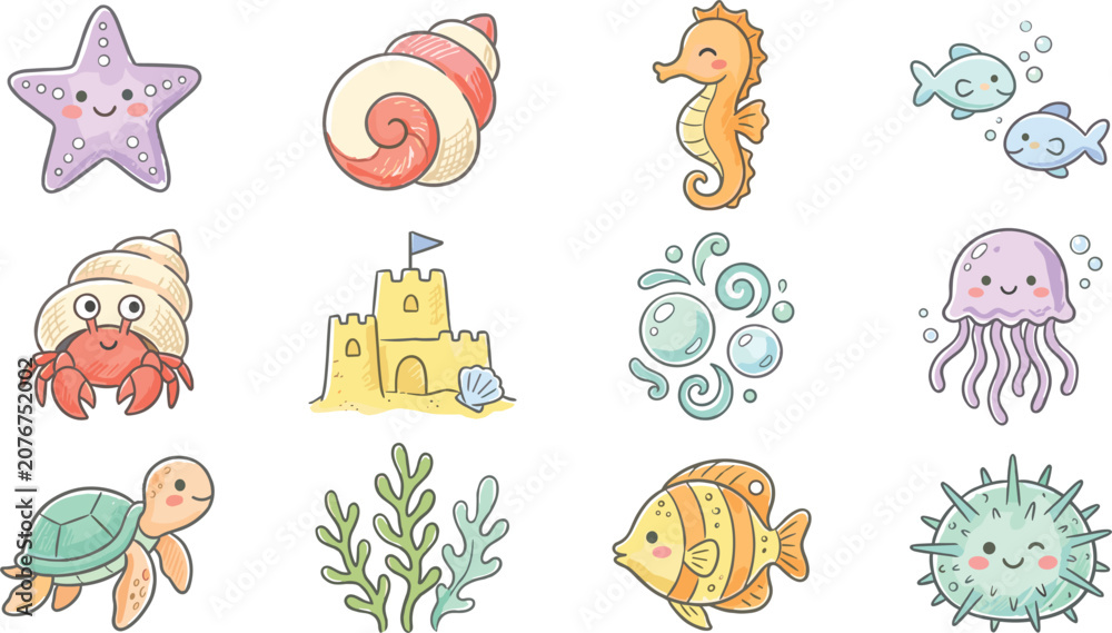 Fototapeta premium Cute Kawaii Pastel Ocean Animals and Beach Vector Icon Set with Starfish Seahorse Hermit Crab Sandcastle Jellyfish Turtle and Tropical Fish