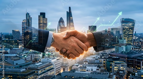 Handshake with city skyline and financial graph double exposure