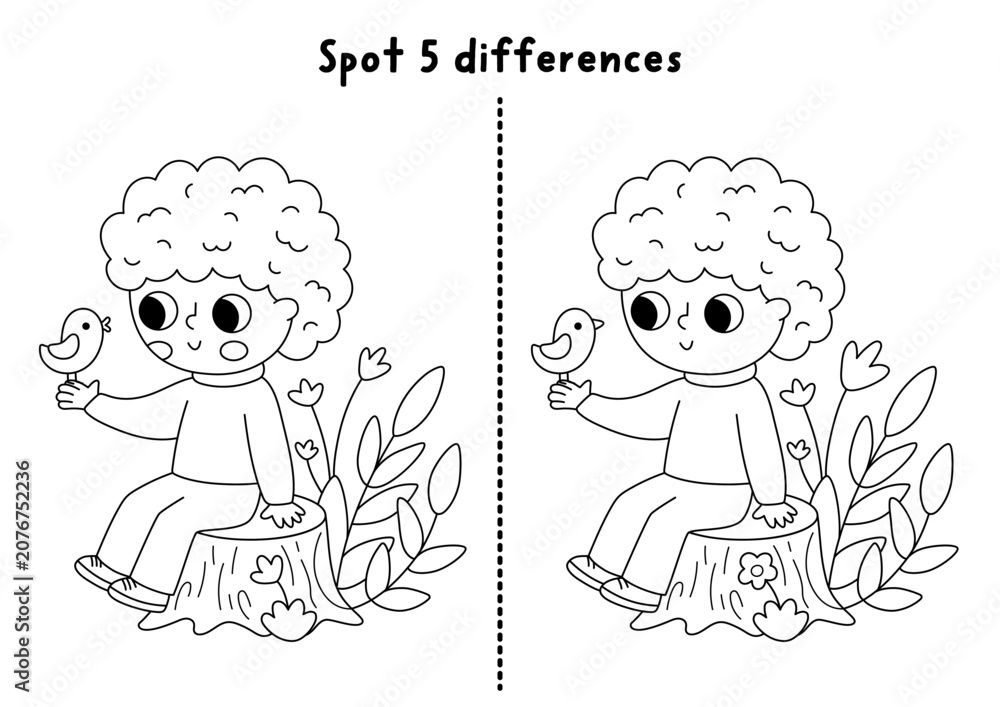 Fototapeta premium Forest black and white find differences game for children with cute boy sitting on a tree stump with bird. Woodland educational line activity Puzzle for kids, printable worksheet, coloring page