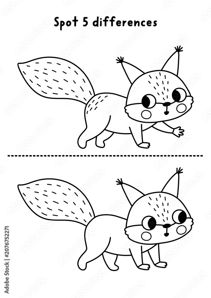 Fototapeta premium Forest black and white find differences game for children with squirrel. Woodland line activity with cute animal. Puzzle for kids with funny character. Printable worksheet, coloring page