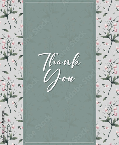 Elegant Thank You Card Template with Soft Green Sage Background and Sweet Pink Floral Pattern Borders