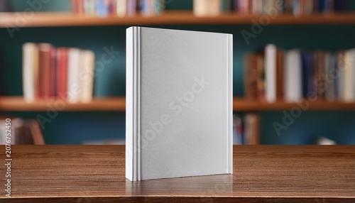 a blank book mockup standing upright on a wooden table with bokeh of a blurred bookshelf background ideal for cover design presentations and marketing