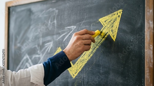 hand drawing yellow arrow on chalkboard growth and progress concept