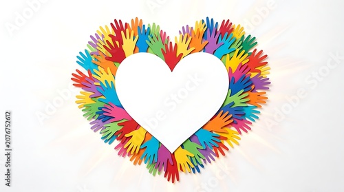 Colorful hands forming a heart shape on a white background