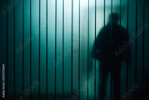 Quadro su tela Mysterious silhouette shadow behind frosted glass panel conveying isolation and