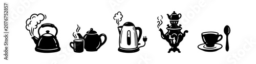 Cuadro en lienzo Hand-drawn black icons of tea equipment including a stovetop kettle, teapot with mug, electric kettle, traditional samovar, and a teacup with saucer and spoon
