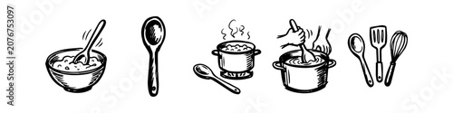 Εκτύπωση καμβά Hand-drawn sketch icons of kitchen tools, stirring pots, and utensils