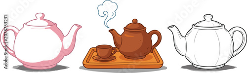 Photos Pink Brown and Line Art Teapot Vector Illustration Set with Tray Cup and Steam f
