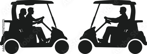 Schilderij op canvas Black Silhouette Golf Cart with Couple and Single Driver Vector Icon Set for Spo