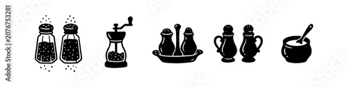 Foto Black and white icons of salt and pepper shakers, pepper mill, and condiment jars for kitchen and restaurant themes