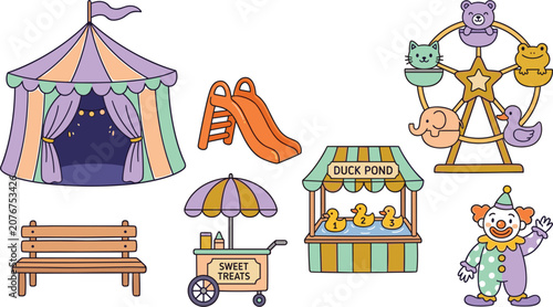 Schilderij op canvas Cute Pastel Circus Carnival Vector Set with Ferris Wheel Animal Carts, Big Top T