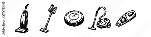 Foto Hand-drawn sketch collection of various vacuum cleaners: robotic, upright, canister, cordless stick, and handheld models