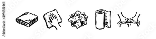 Foto Set of hand-drawn black and white icons for cleaning chores, featuring a folded towel, hand wiping, crumpled cloth, paper towel roll, and hands wringing a wet cloth