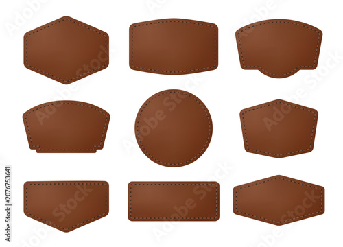 Brown Leather Labels and Stitched Patch Badges Set Vector Illustration