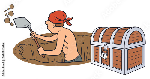 Secretive pirate burying a treasure chest.