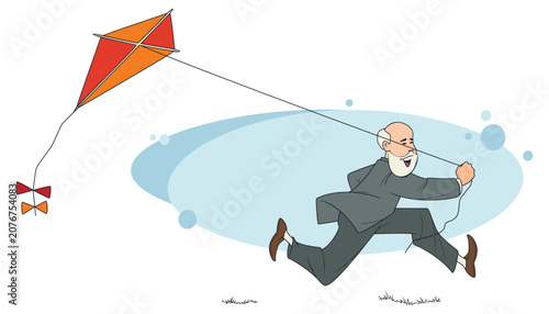 Joyful elderly man flying a kite.