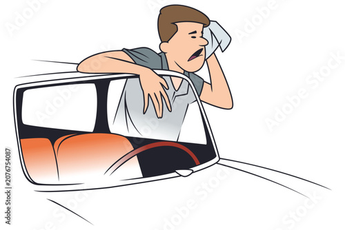 Extremely exhausted driver wiping away sweat.