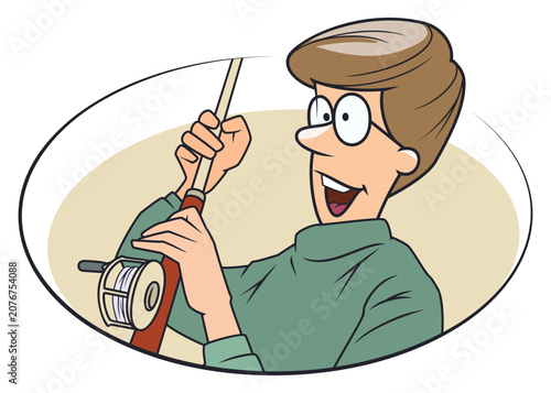 Excited and happy fisherman holding rod.