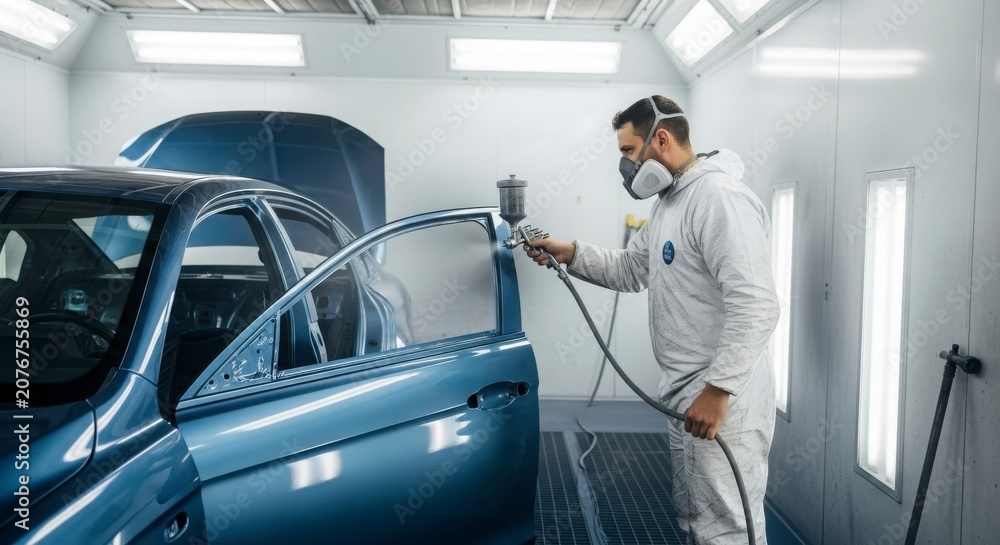 Obraz premium Worker Cleaning Car Interior in Bright Modern Auto Detailing Studio