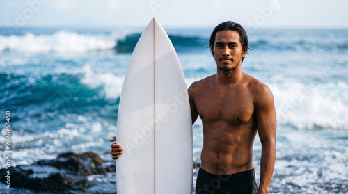 Young Indonesian male surfer standing shirtless with surfboard on rocky shore against ocean waves, Mentawai surf lifestyle editorial portrait