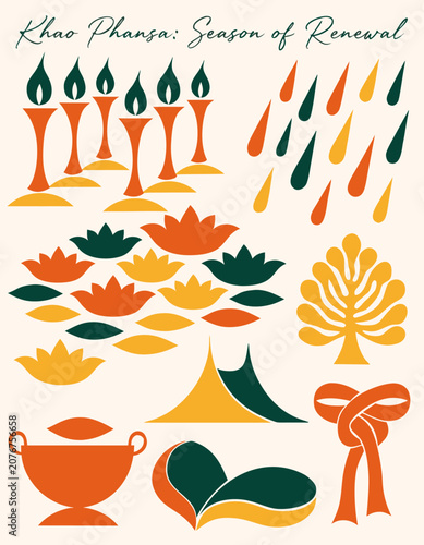 Fotografia Buddhist Lent flat vector: meditation cushion, ordination sash, monsoon rain for