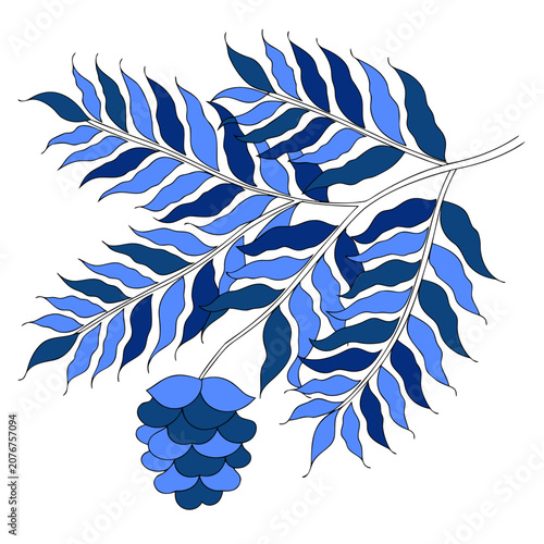 Abstract decorative branch with blue and indigo leaves and a stylized flower or pine cone illustration.